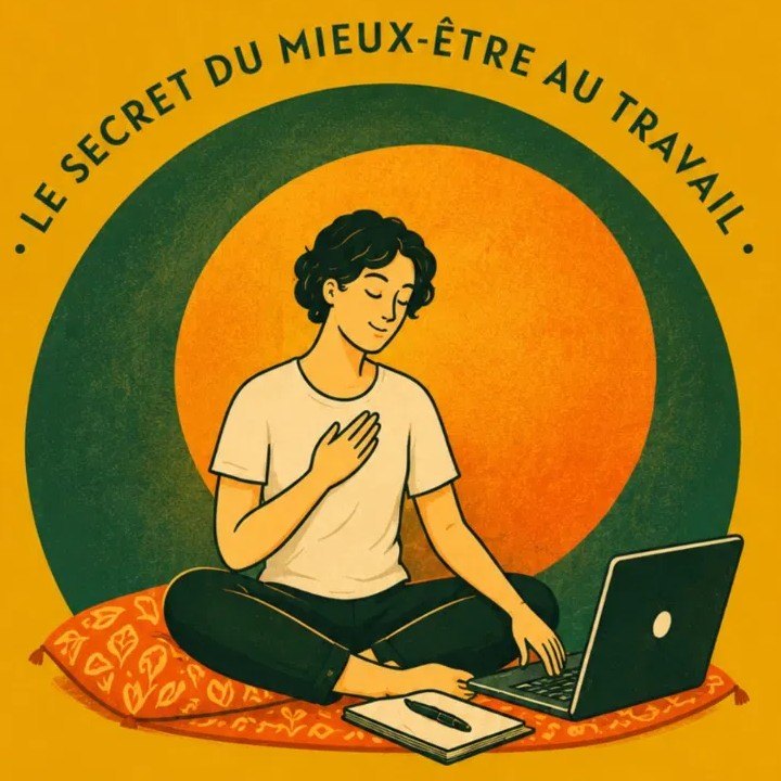 Illustration : une personne assise en tailleur sur un coussin, main sur le cœur, devant un ordinateur, sur fond de soleil orange cerclé de vert, avec l'inscription « Le secret du mieux-être au travail »
